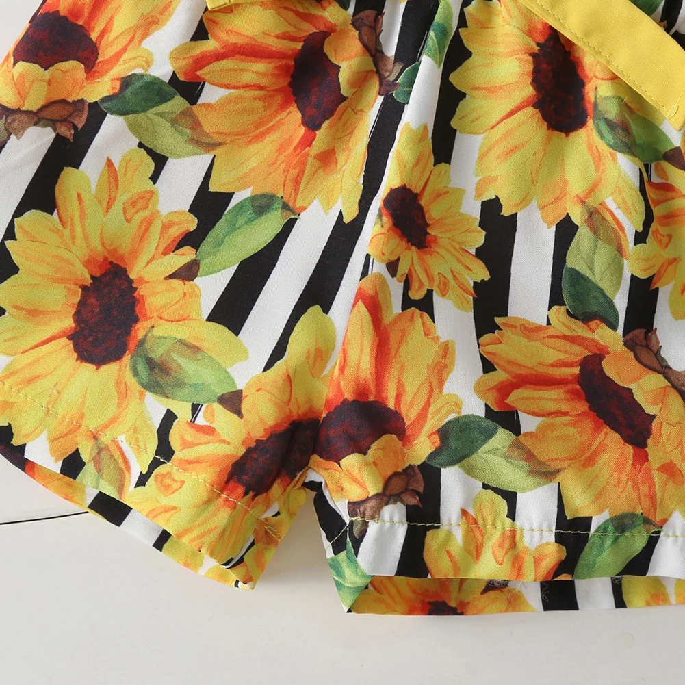 

2pcs Breathable Clothes Set Kid Girl Baby Solid Sleeveless Button Ruffled Strap Tops Sunflower Printing Bowknot Shorts 6-24M