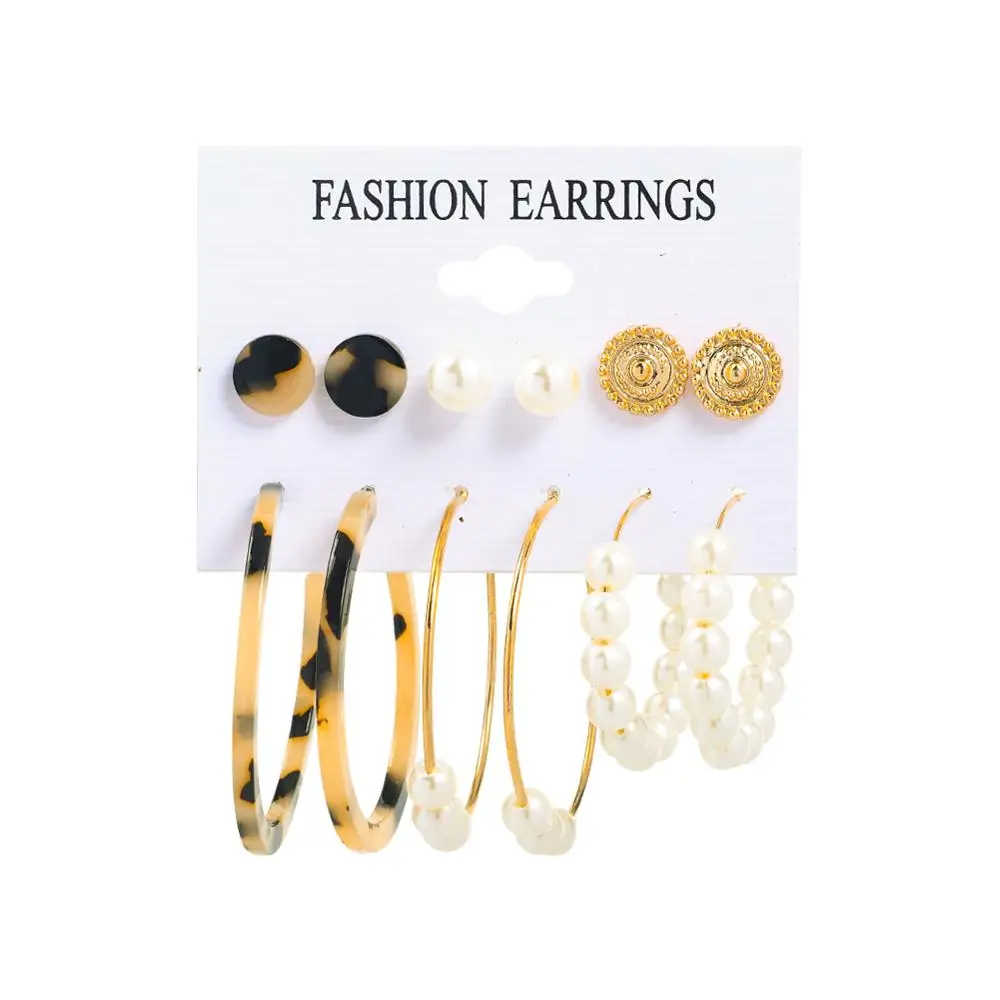

6Pairs/Set Girls Leopard Acrylic Earrings Set Spiral Twisted Pearl Circle Hoop Earrings For Women Statement Fashion Jewelry