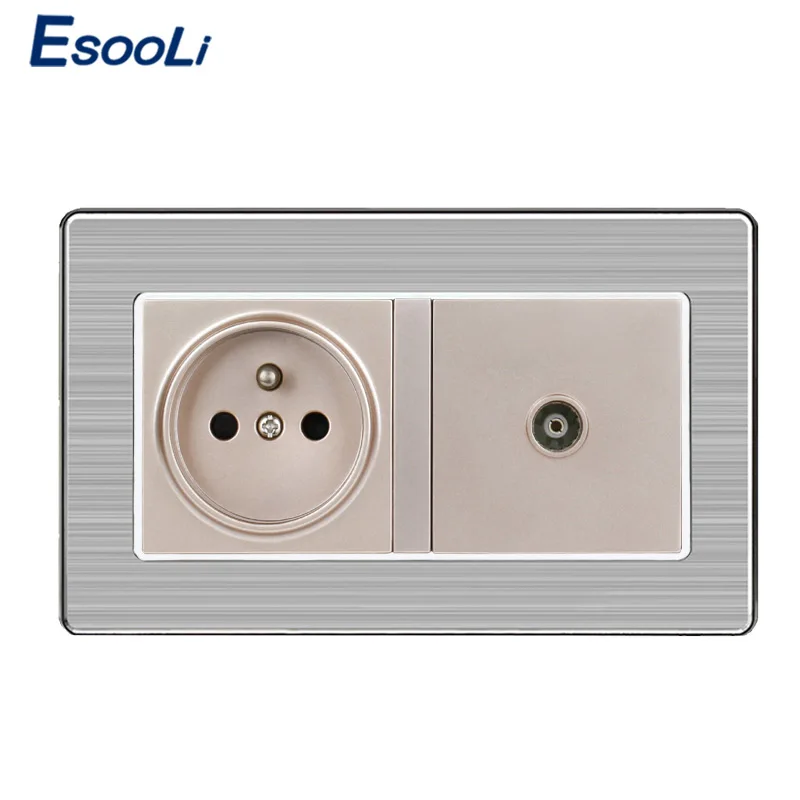Esooli French Standard Wall Socket + Female TV Outlet Stainless Steel Brushed Panel Power Grounded 16A |