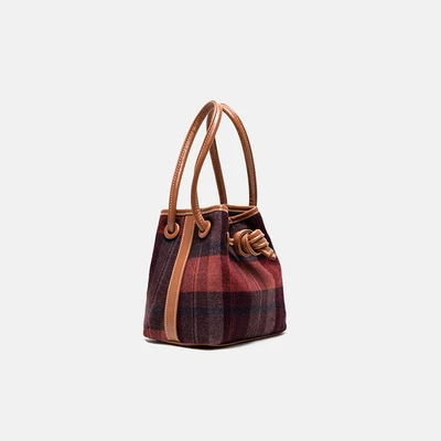 pink plaid Женская сумка-мешок из шерстяного хаундстута,, зимняя, японская, дизайнерская, клетчатая, из синтетического флиса, кошельки и сумки на шнурке, Повседневная - Цвет: pink plaid