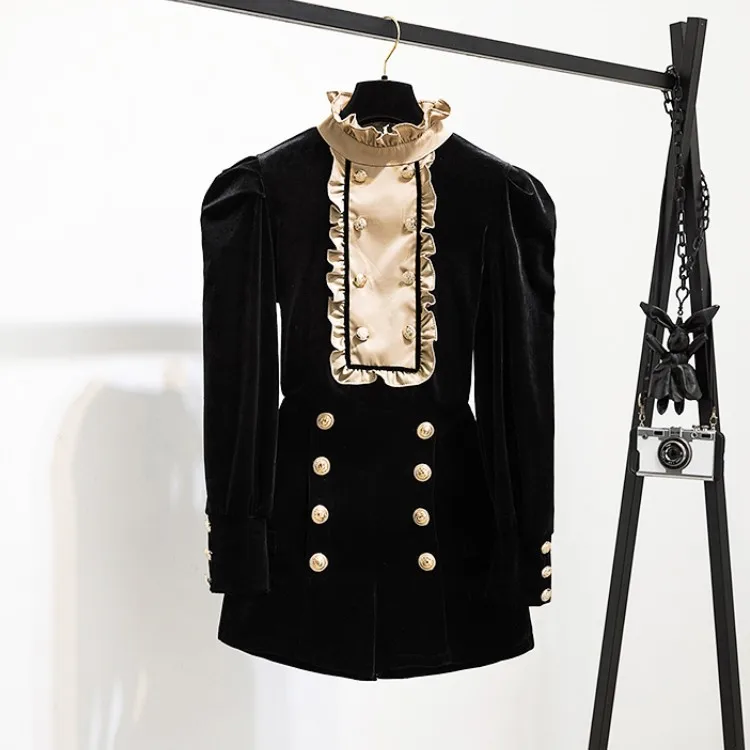 

Женский костюм из двух предметов, Элегантная черная бархатная двубортная рубашка с оборками и широкие шорты с высокой талией, осень 2021