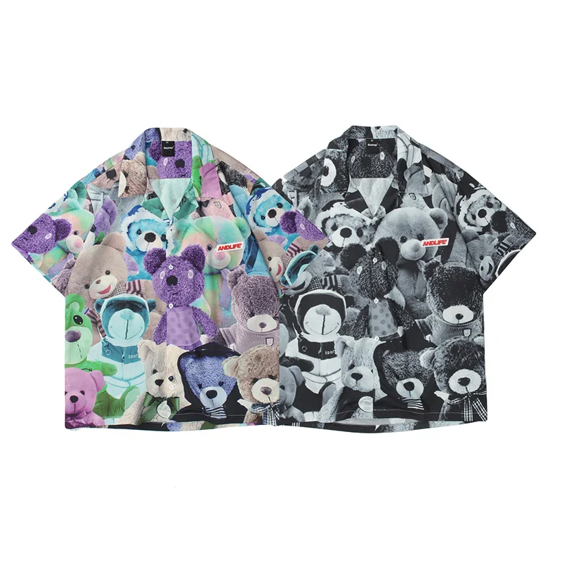 

Harajuku Lapel Cartoon Bear Full Print Hawaiian Shirts for Men and Women Short Sleeve Oversize Casual Summer Shirt