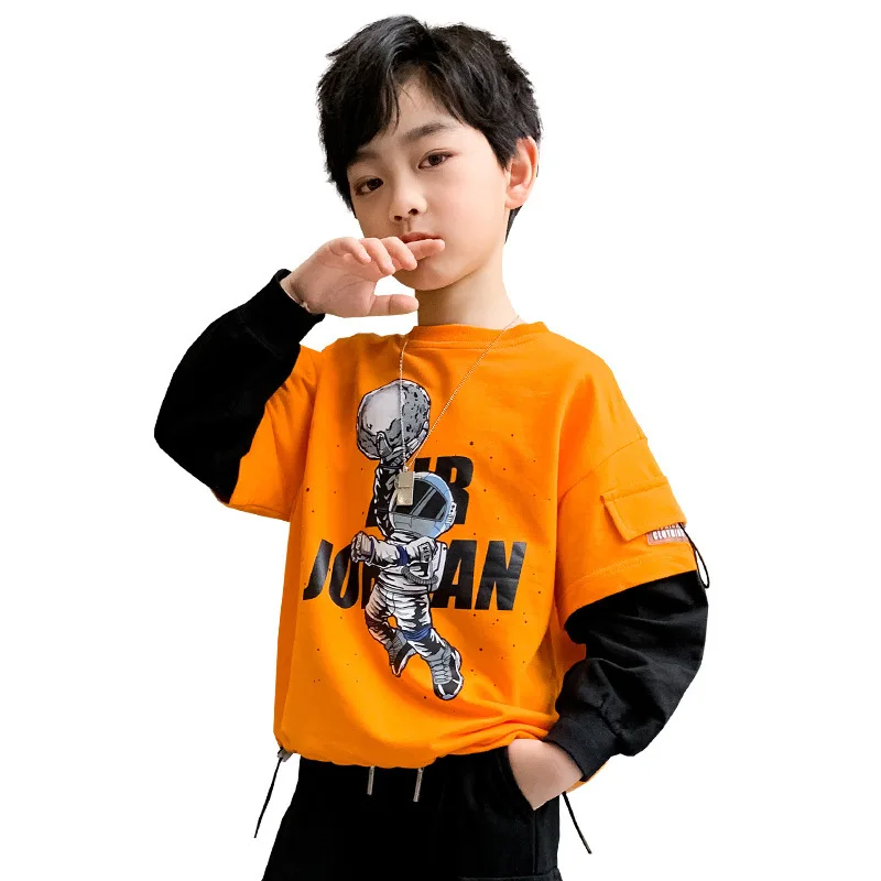 

Boys fake two-piece hoodie sweater top new spring and autumn long-sleeved bottoming shirt for children 4-12 years old