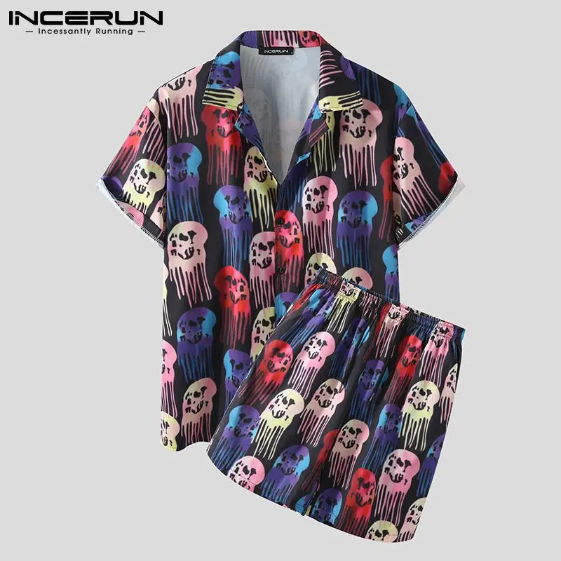 

2021 Fashion Men Hawaiian Sets Printing Vacation Lapel Short Sleeve Shirt Drawstring Casual Shorts Streetwear Men Suits INCERUN