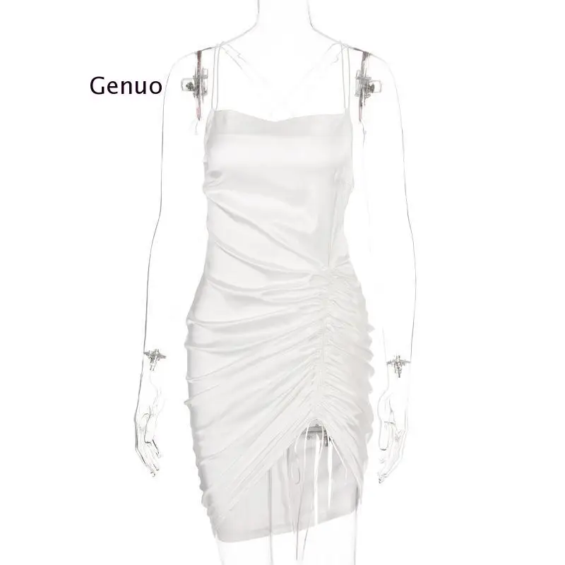 

2021 Sleeveless Pleated Bandage Backless Sexy Mini Dress Summer Women Fashion Streetwear Outfits White Solid Sundress