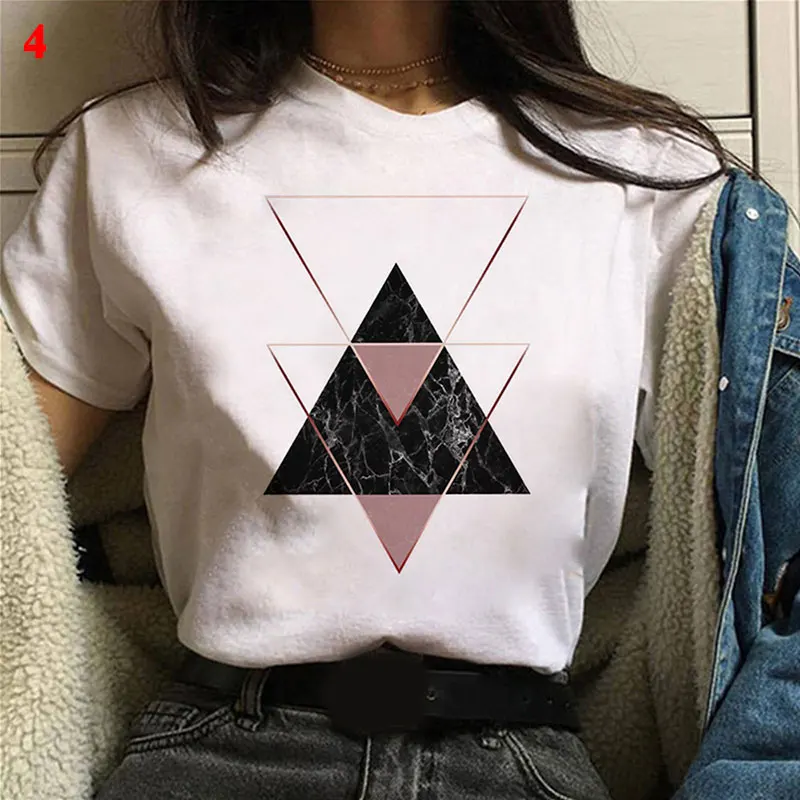 

Women Fashion Geometry Printed T Shirt Cute Casual Comfort Simplicity Short Sleeve Loose O-Neck Tops Basic Tee Tops For Female