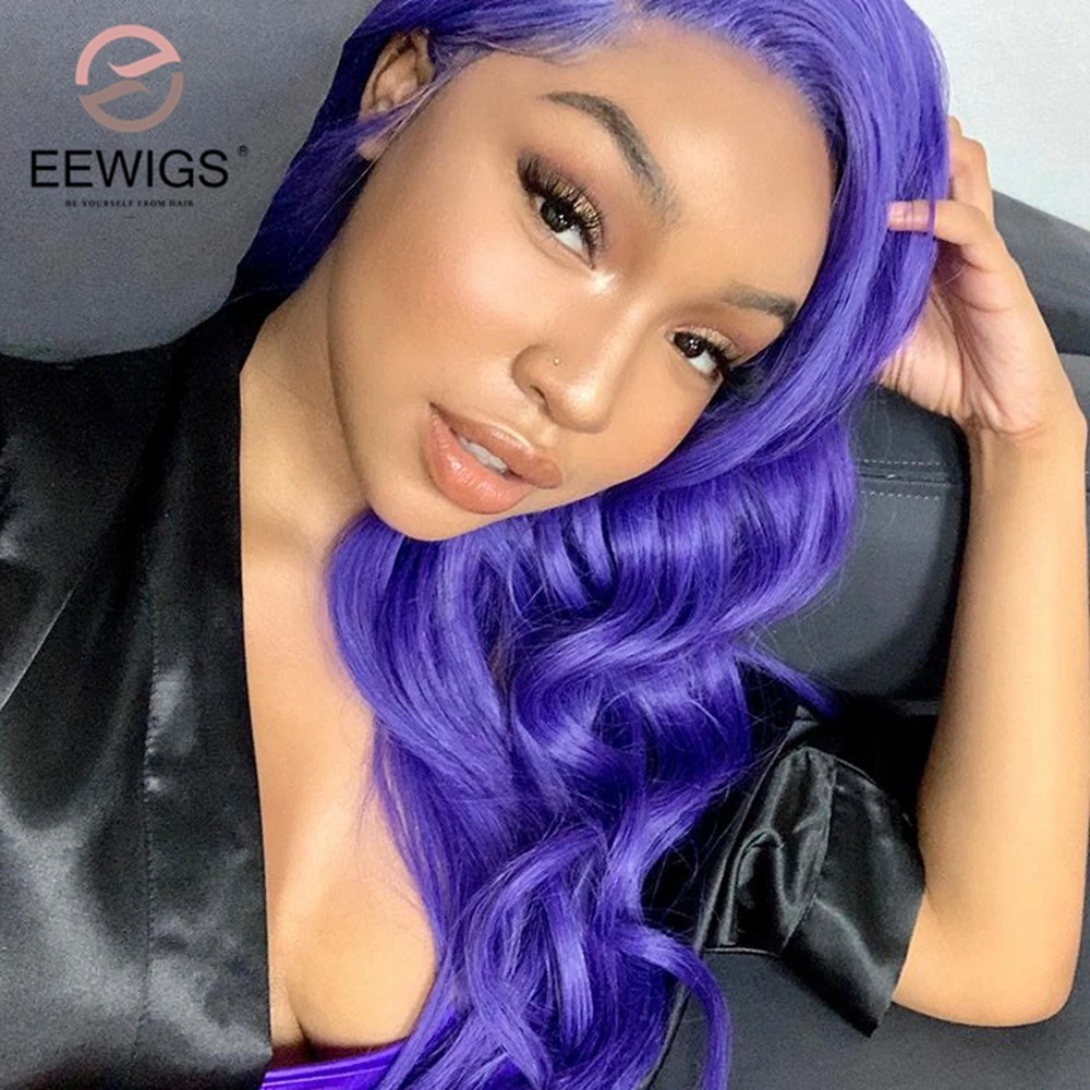EEWIGS, короткие волосы, завязанные вручную, волнистые, Ombre, голубой, розовый, на кружеве, парик, блестящие, высокая температура, синтетические волосы, фиолетовый, парики для женщин