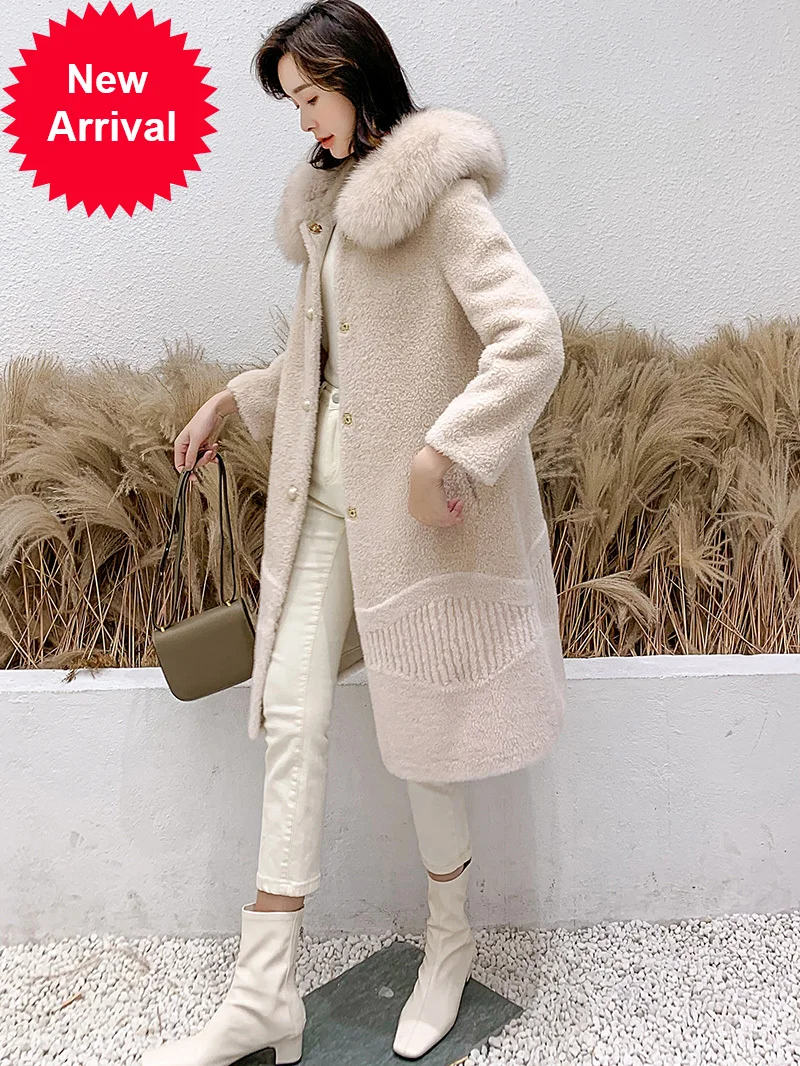 

Кашемировое пальто разного размера женское меховое пальто средней длины с капюшоном из лисьего меха шерстяное слитное стройнящее