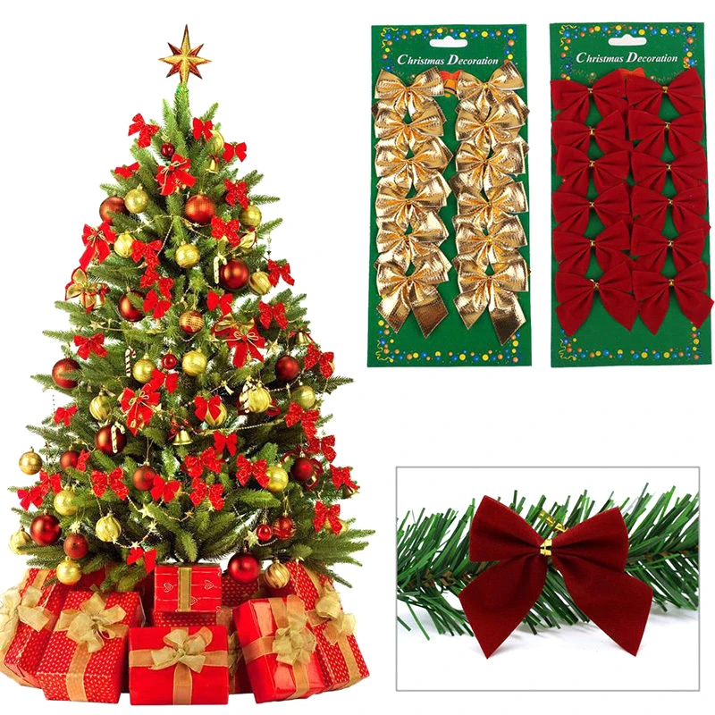 

12Pcs/sheet Gold Silver Ribbon Bowknots Christmas Decoration Bows Xmas Tree Decoration
