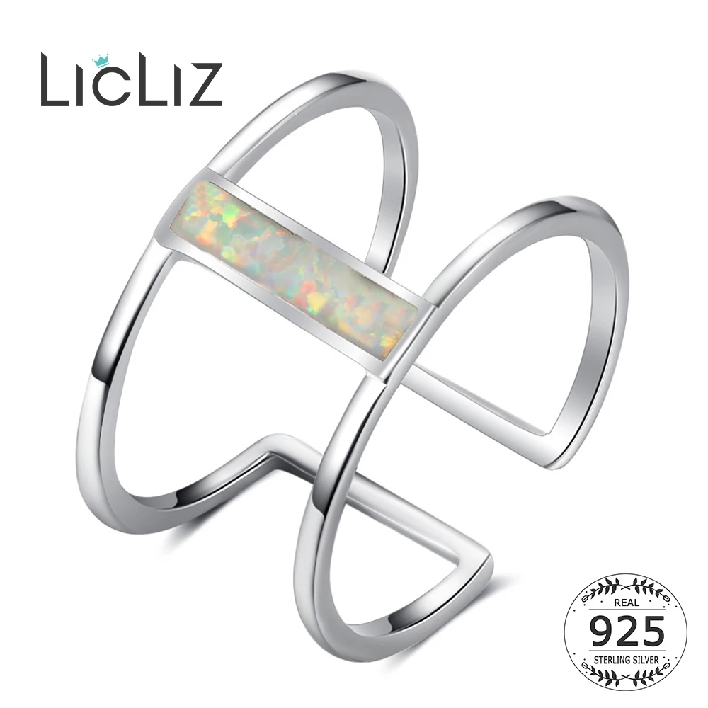 

LicLiz 925 Sterling Silver Adjustable Rings For Women Rectangle White Opal Rings Double Layer Rings Finger Wedding Band LR0377