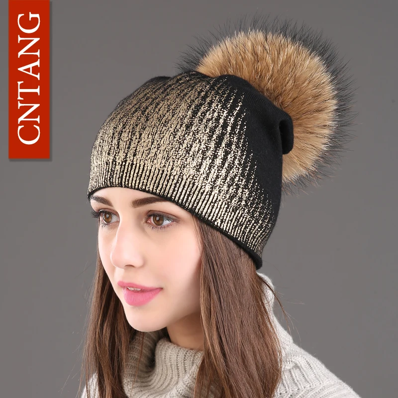 

Women Beanies Print Gold Silver Color Hat Winter Knitted Wool Warm Hats Fashion Pompom Real Raccoon Fur Caps Multiple Styles