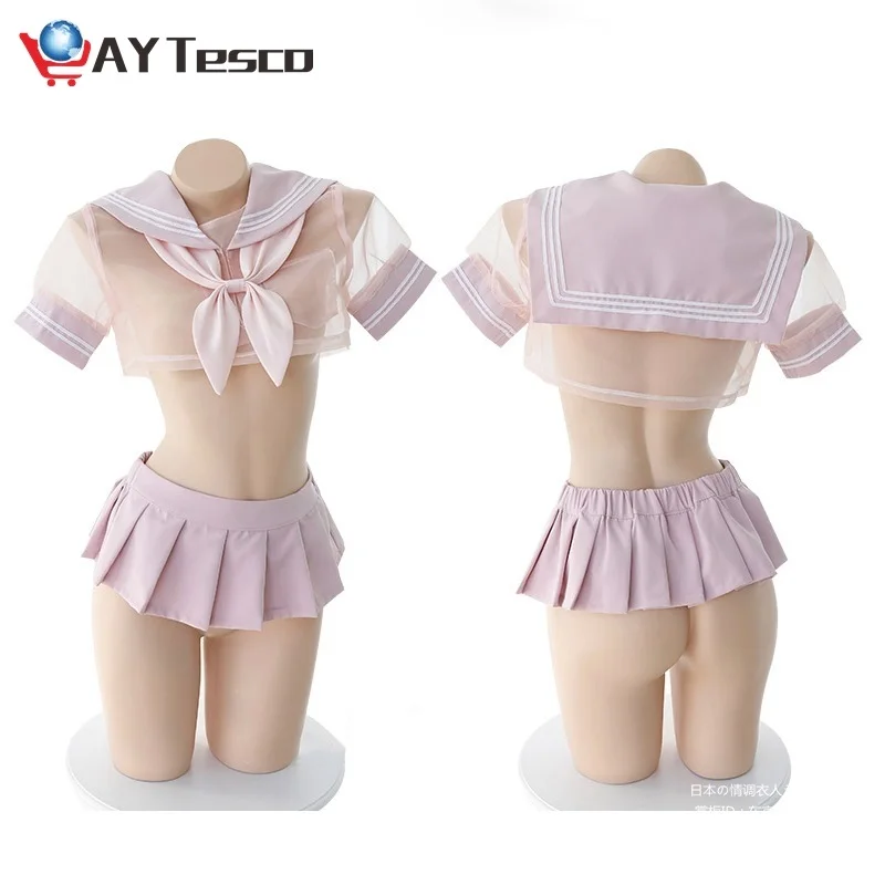 

Sexy Cosplay Costume Student Sailor with Black and Pink color uniform transparent Lolita Top Skirt Panty Erotic Roleplay