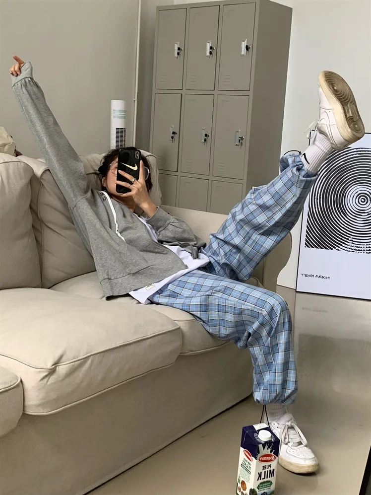 

Korean Plaid high waist Harem Pants Women loose students Straight Trousers Female Summer Sweatpant Casual Pockets Pants
