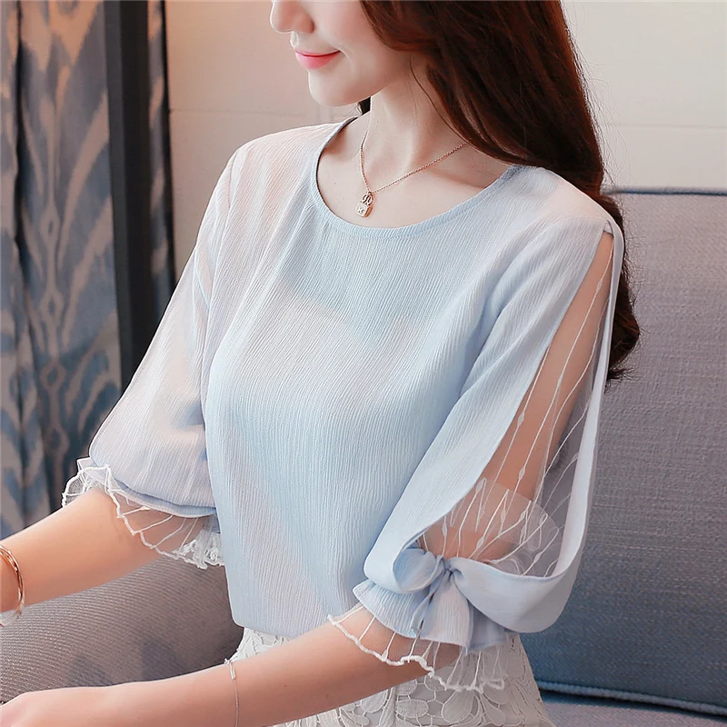 

Women Clothing 2020 New Women blouse shirt Casual shirt Ruffle Half sleeve Women tops Spliced Chiffon Mesh flower blusas 921E