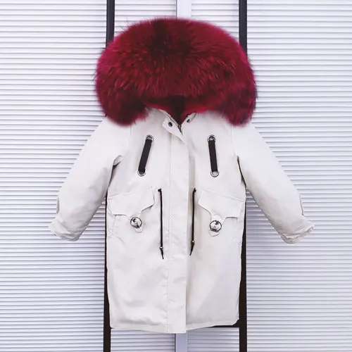 Khaki Rosered Новинка года, парки с натуральным мехом для мальчиков и девочек зимняя детская куртка Xlong пальто с капюшоном из натурального меха енота Съемная подкладка из кроличьего меха - Цвет: Khaki Rosered