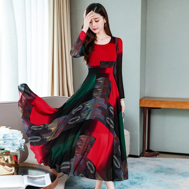 666# осень плюс размер Новое Женское Модное Элегантное с длинным рукавом o-образным вырезом шифоновое печатное Макси платье винтажное платье Женское Vestidos
