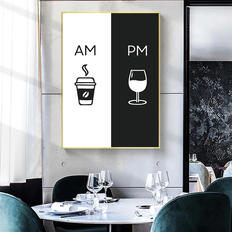 

Canvas Painting AM Coffee PM Wine Sign Wall Art Posters Modern Style Print Picture Bar Shop Kitchen Restaurant Home Decoration