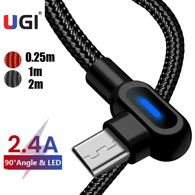 

UGI 1M 2M 90 Degree 2.4A Fast Charging Cable Charge Micro USB Type C USB C For Tablet Data Sync Transfer L Shape 0.25M 1M 2M