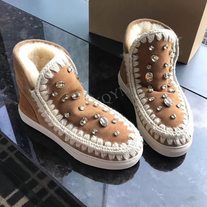

Winter Fur Snow Boots Women Rhinestone Decor Short Boots Female Round Toe Slip On Ankle Boots Warm Sewing Platform Women Shoes