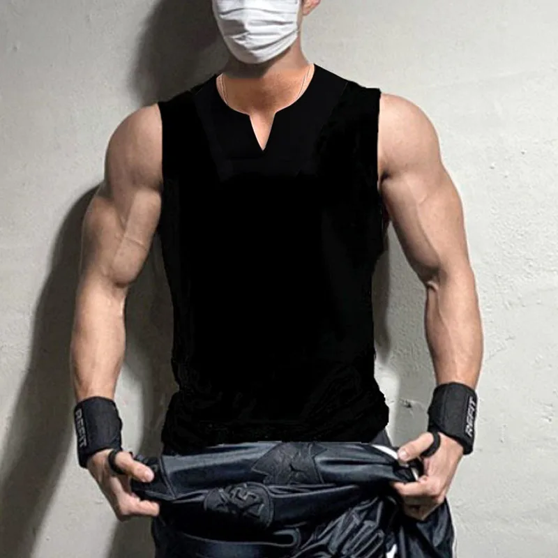 

2022 Summer New Muscle Fitness Sleeveless Waistcoat V-Neck Vest Men's Ins tight Euipment Sports sSirt Short Sleeves