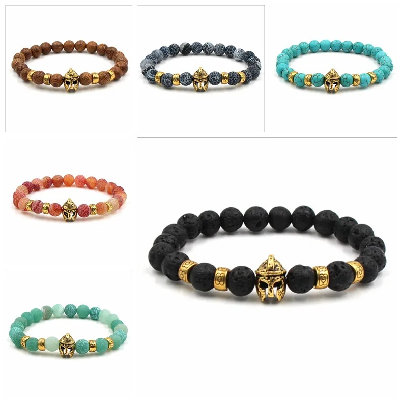 Мужской Спартанский шлем Браслеты Золотой Агат вулканический камень шарик