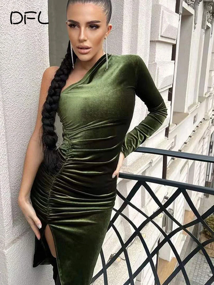 

DFLlifes One Sholuder Dresss Women Split Velvet Woman Clothes Solid Summer Slim Robe Elegant Dresses for Woman Mini Vestidos New