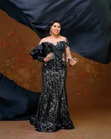 black plus size mermaid prom dresses long sleeves o neck sequins beaded appliques aso ebi evening gown formal vestidos