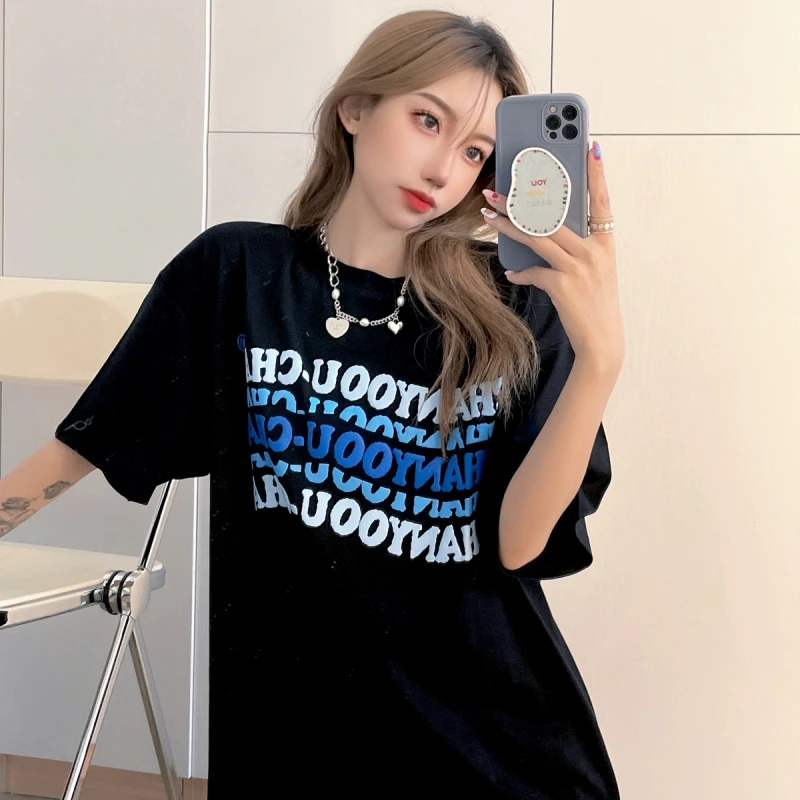 

2021 Summer Korean Letter Print Short Sleeve T-shirt Women's Loose Mid-length Casual Student Top T-shirt