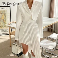 twotwinstyle casual white two piece set for women notched long sleeve blazer high waist irregular hem skirt female korean sets