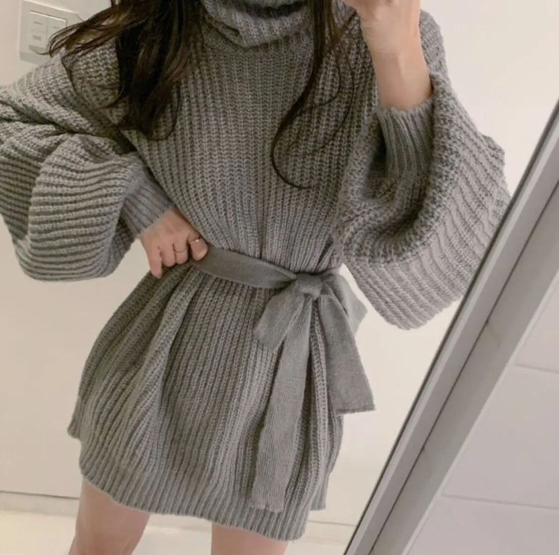 

ZCSMLL Korea chic Christmas red high neck thick needle warm tie waist mid-length lantern sleeve knitted sweater women