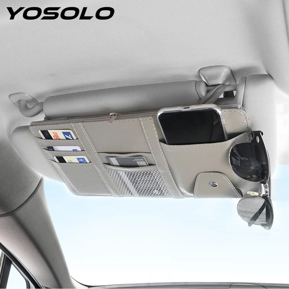 YOSOLO Car Sun Visor Storage Pouch Bill Card CD Phone Holder Box Leather Sunglasses Clip With Zipper Multifunctional | Автомобили и