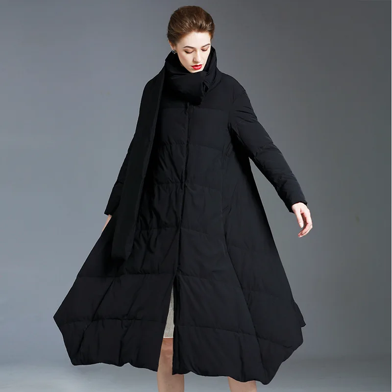 Design Scarf Detachable Thickened Women's Down Jacket Irregular Asymmetric Women Coats and Jackets Winter Warm Covered Button