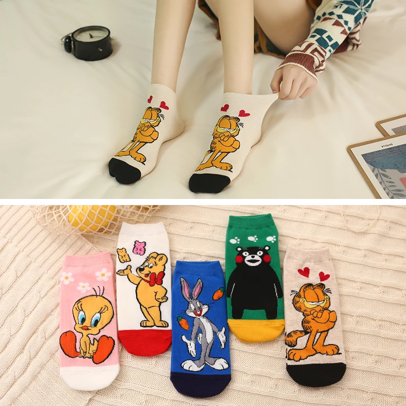 

5Pairs/Lot Hot Fashion Classic Cartoon Women Happy Socks Funny Cotton Soft Cool Cute Animal Harajuku Casual Girls Short Socks