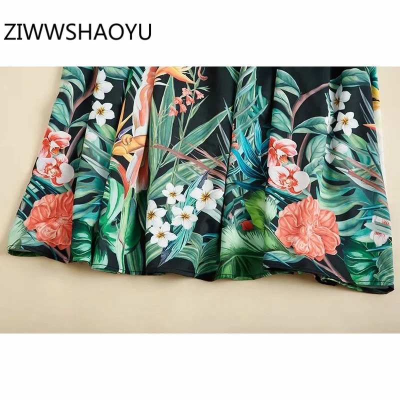 

ZIWWSHAOYU Summer Women Open Back Spaghetti Strap Dress Runway Designer Ladies Multicolor Floral Print Vintage Midi Dresses