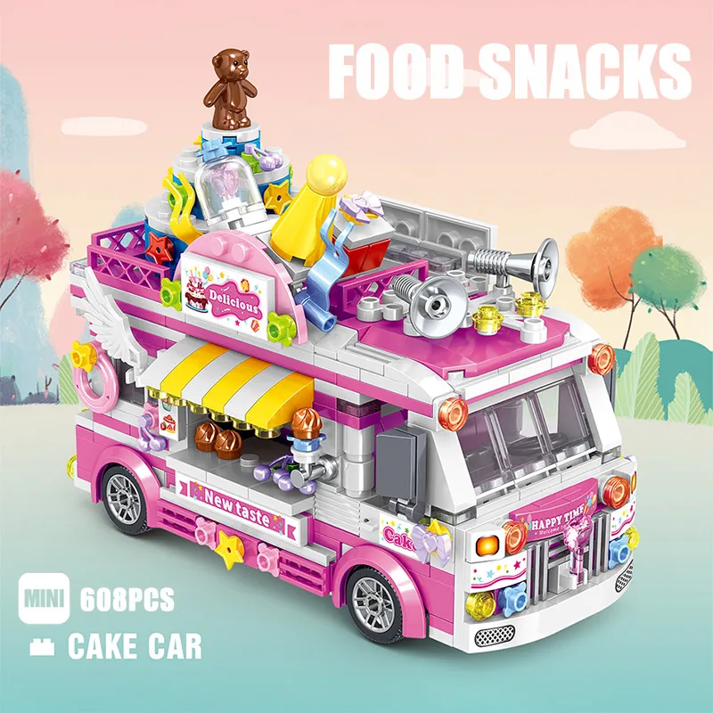

City Street View Ice Cream Car Food Shop Mini Building Blocks Creator Camping Vehicle Friends Bricks DIY Toys for Children Girls