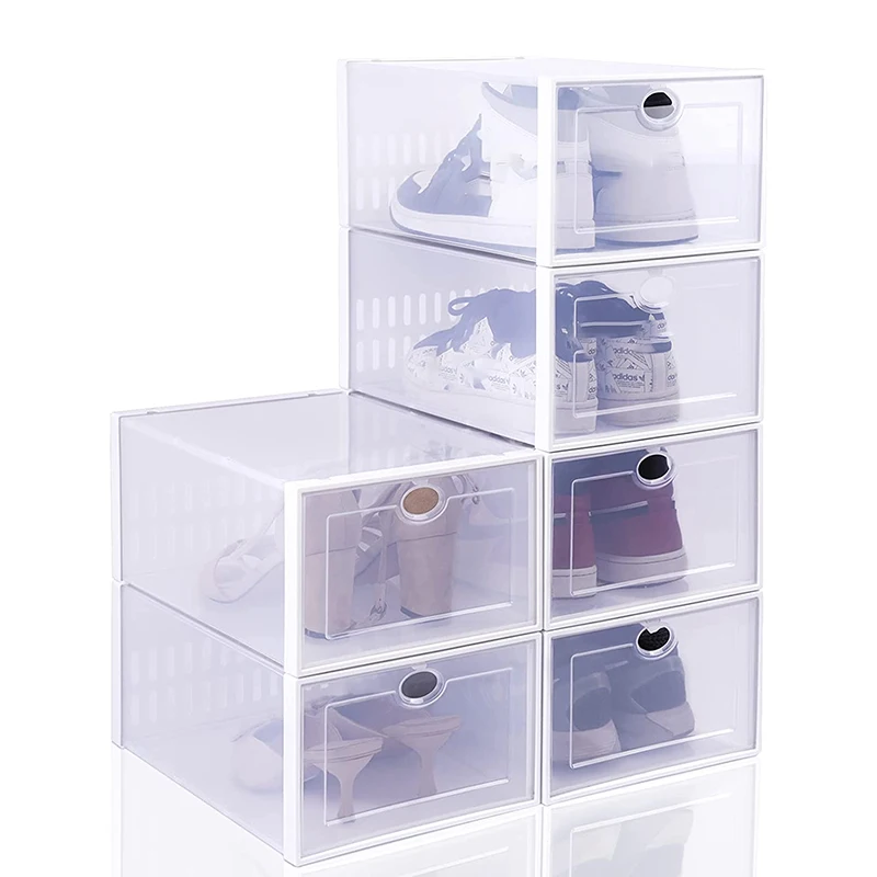 

Drop Front Shoe Box Set of 6 Foldable Stackable Plastic Storage and Organizer Containers with Lids for Display Women/Men Shoes