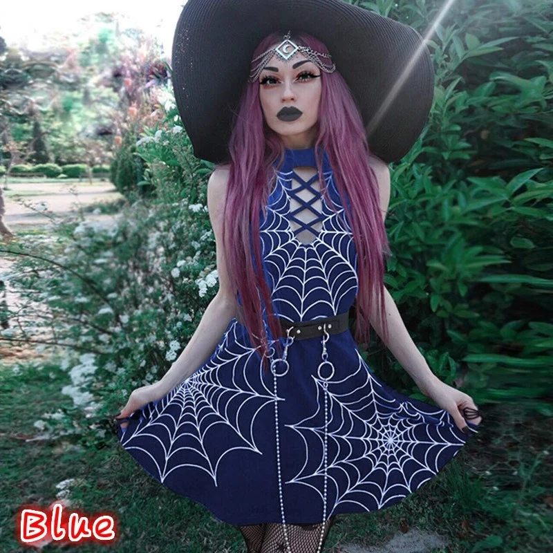 FEECOLOR женское модное короткое платье в готическом стиле с принтом паутины без