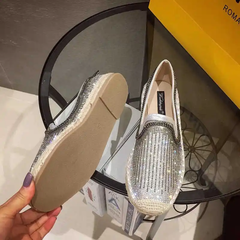 

2021 Spring Women Flat Platform Hemp Rubber Slip-on Casual Loafer Fashion Bling Crystal Zapatillas Mujer Casual Flat Sh