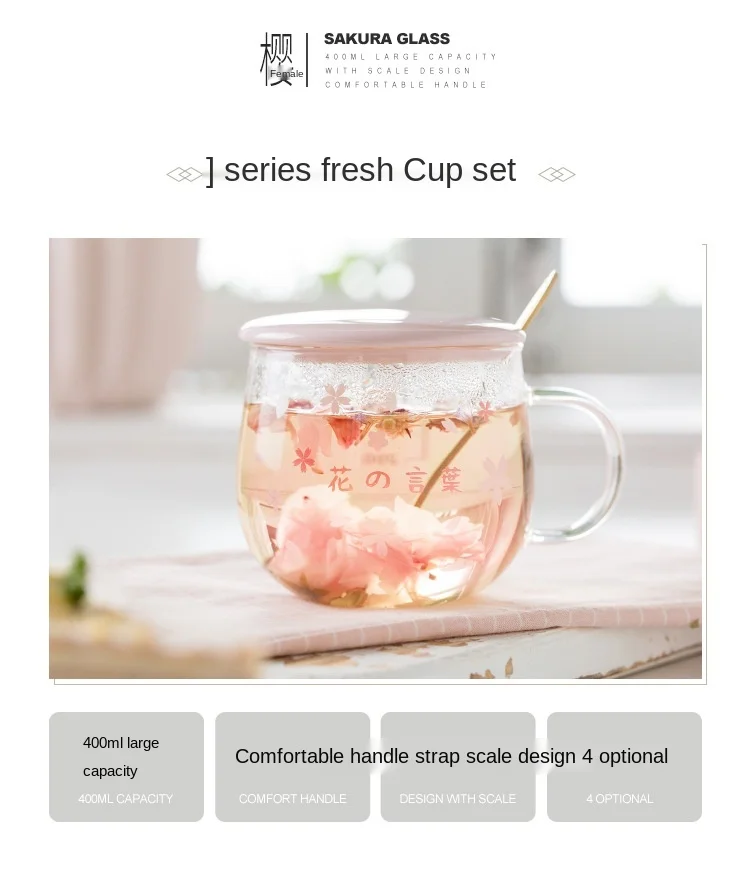 

Glass Warm Cup with Cherry Blossom Pattern Cute Girl Mark Cup Student Transparent Round Pot-bellied Flower Tea Cup Kawaii Cup