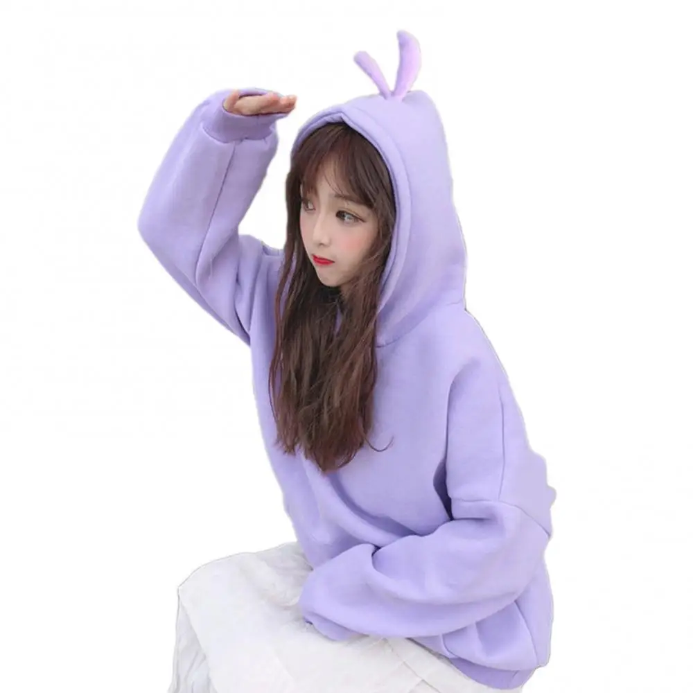 Women Cartoon Hood Long Sleeve Solid Color Hoodie Autumn Winter Plush Sweatshirt Plush Sweatshirt