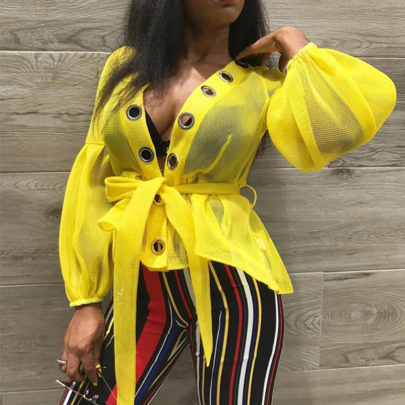 Женская желтая блузка топы Прозрачная Сексуальная Блузка с баской и поясом