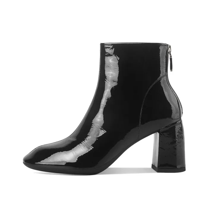 

MLJUESE 2021 women Ankle boots Patent Leather Winter short plush Square Toe Zipper High heels female boots size 39