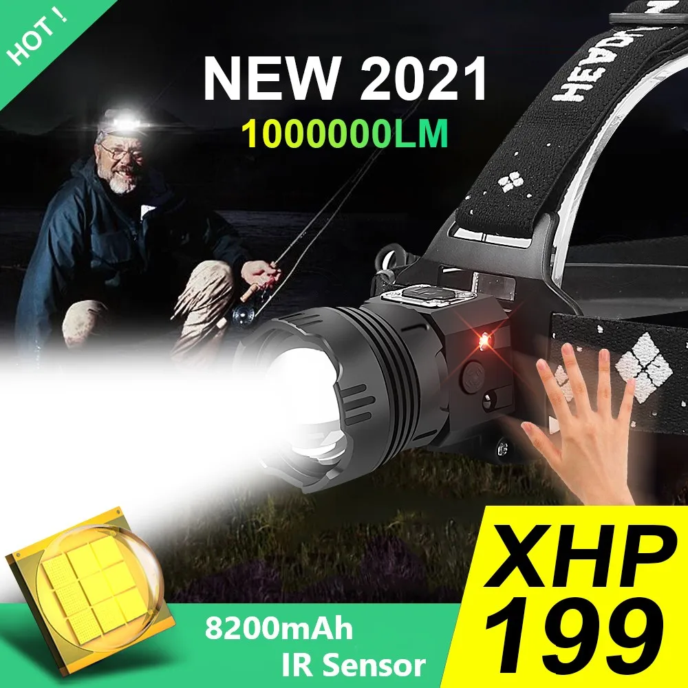 1000000LM мощные светодиодные фары XHP199 Перезаряжаемые Головной фонарь XHP90 Usb рыбалка