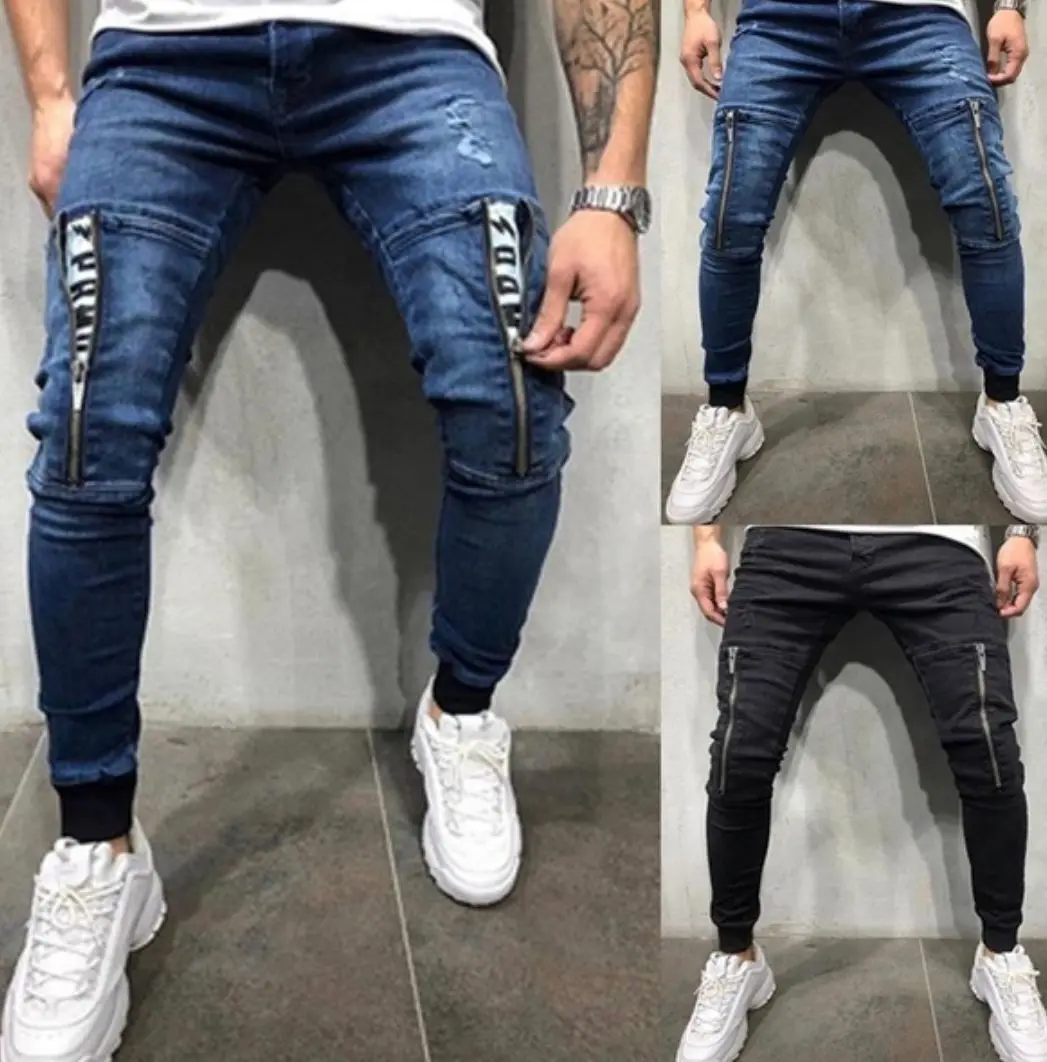

Spring and autumn new men solid color distressed zipper decoration sports casual jeans men denim trousers male pencil pants