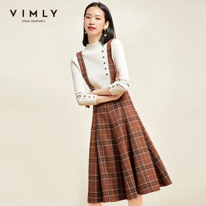 Vimly 2020 осенне-зимняя женская Клетчатая Шерстяная Юбка на бретелях Элегантная с