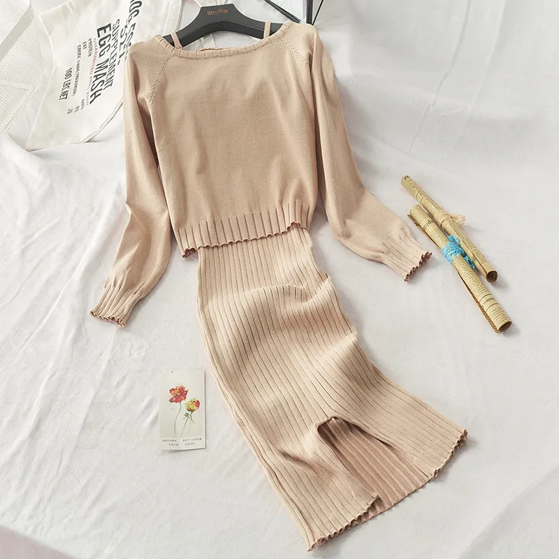 Комплект из двух предметов женское длинное платье свитер + с длинными рукавами