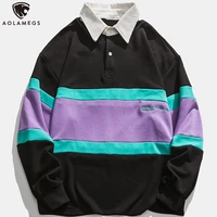aolamegs striped patchwork sweatshirts men hoodies fashion casual anime pullovers loose retro jumper harajuku hip hop streetwear