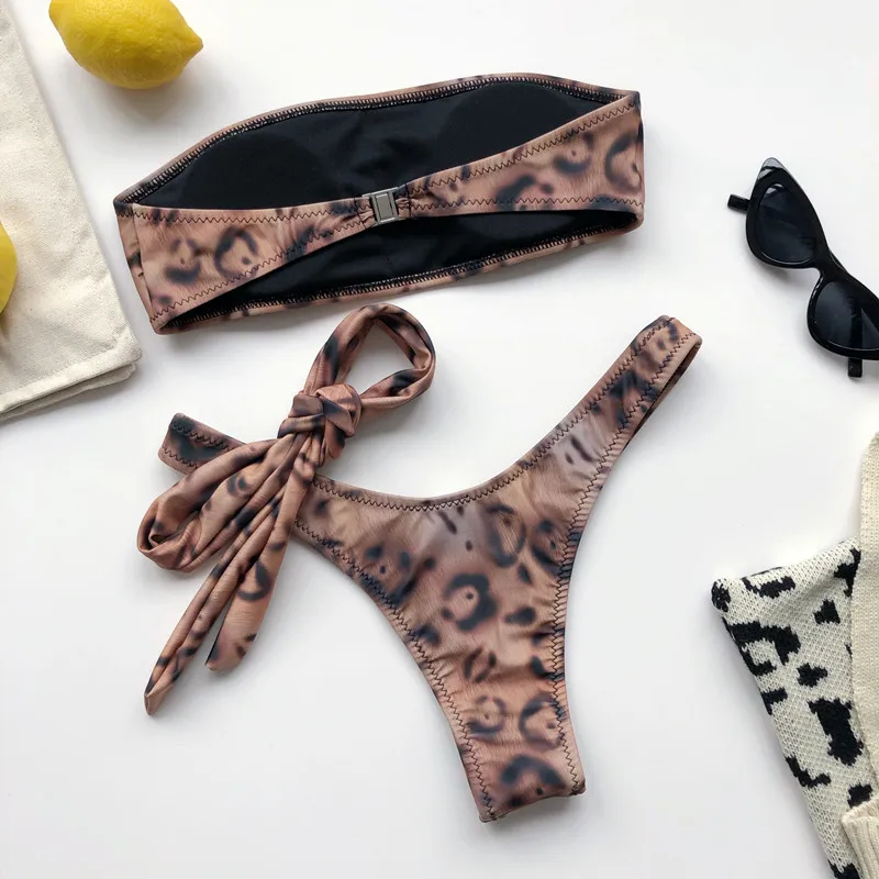 Бикини с леопардовым принтом 2020 бандо купальник стринги высокая нога для женщин