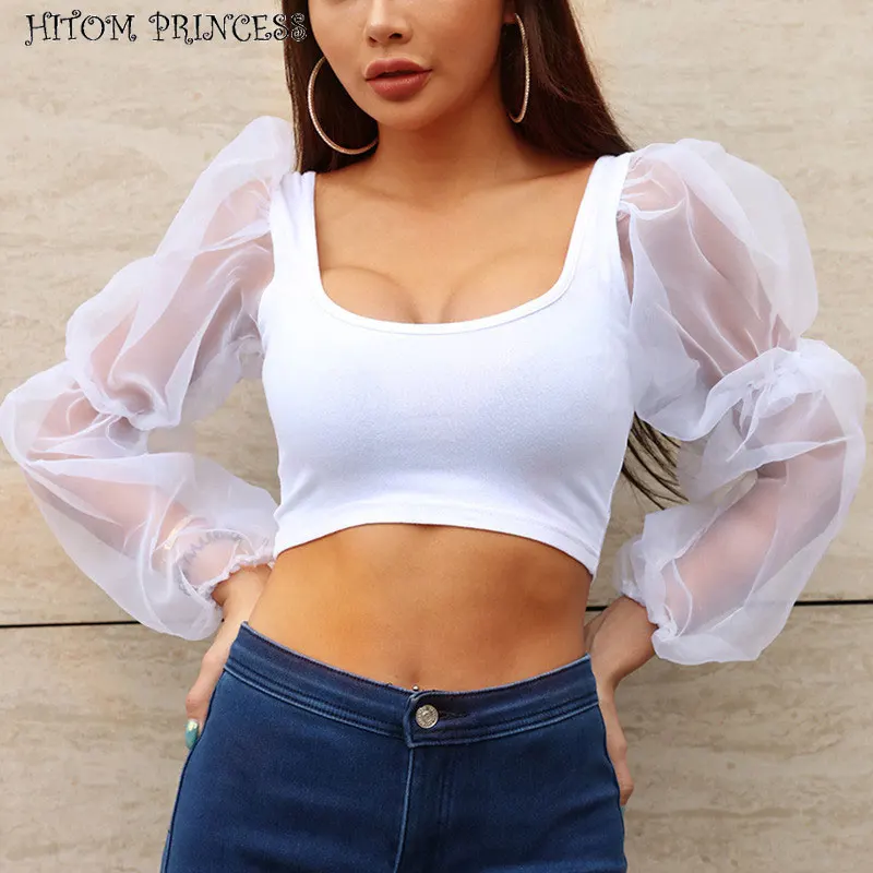HITOM принцесса женские сетчатые комбинированные блузки с пышными рукавами Топы и