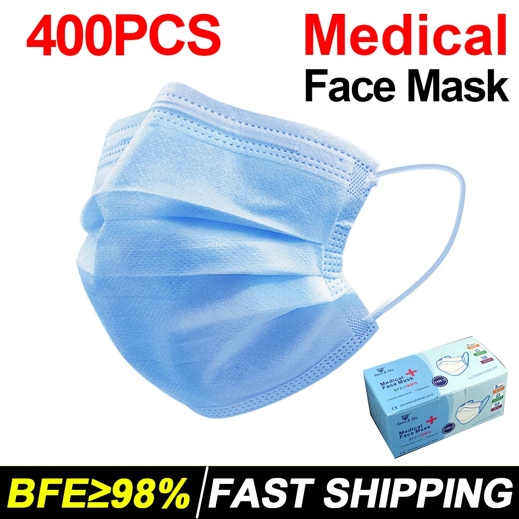 

400PCS Medical Mask Disposable Nonwoven 3Ply Filter respirator Face Mask Mondmasker Dust Protective Breathable mascarilla CNF